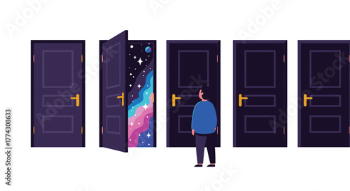 A person stands contemplating several dark doors, one open to a vibrant cosmic path, symbolizing life's choices, opportunities, and the unknown.