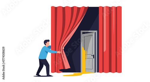 A man pulls back a red curtain to reveal a partially open door with yellow liquid spilling from behind it, hinting at a hidden surprise or problem.