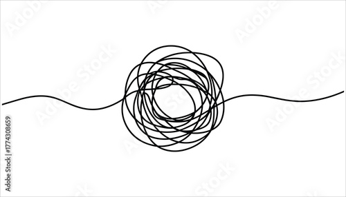 Black tangled scribble line with wavy ends on white background abstract chaos