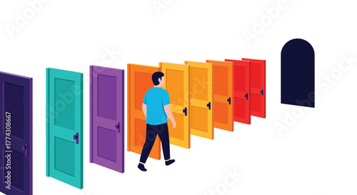 A person walks past a colorful sequence of open doors towards a mysterious dark archway, symbolizing a journey of choices and future opportunities.