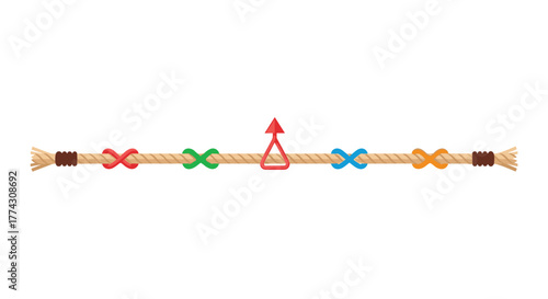 A horizontal natural fiber rope features colorful infinity knots, a central red triangular marker pointing upward, and neatly whipped ends.