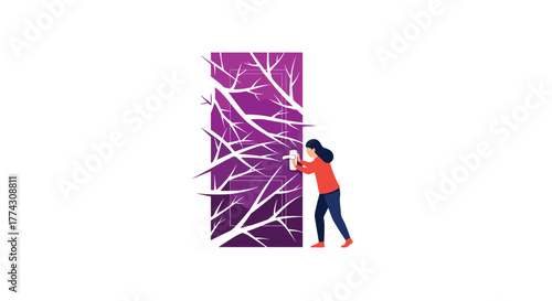 A woman attempts to open a purple door adorned with white bare branches, symbolizing new beginnings or overcoming challenges.
