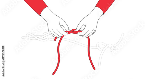 A pair of hands wearing red sleeves are shown in a step-by-step illustration, carefully working to tie a red rope into a simple knot.