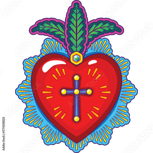 Vibrant Sacred Heart Symbol with Cross and Floral Embellishments on Transparent Background.