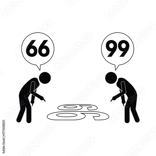 Two person arguing the number on the floor weather it is 66 or 99. Vector illustration depict concept of point of view, viewpoint, different perception perspective, silly argument, and disagreement