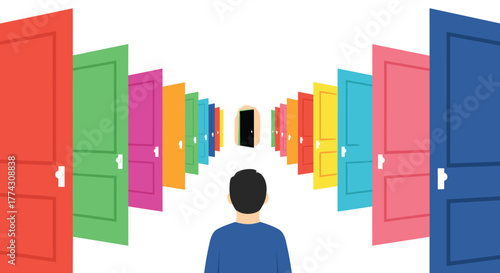 A person faces a pathway lined with numerous colorful doors, symbolizing life's choices and opportunities, leading to an open black door representing the future.