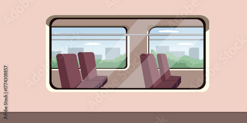 Empty Train Car View with Cityscape Outside Window. Train window from outside. Train seat illustration.
