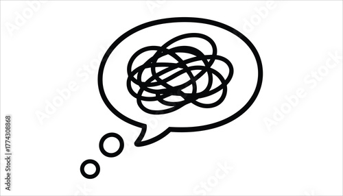 Black ink drawing of a thought bubble with tangled lines and small circles speech bubble thinking