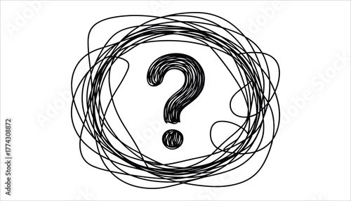 Black hand drawn question mark symbol inside a tangled scribble on white background punctuation