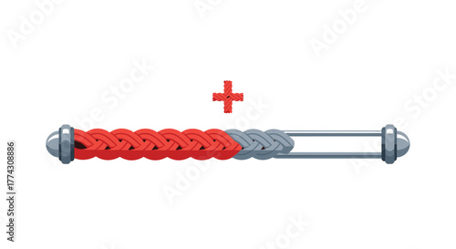 A stylized gaming progress bar featuring red and grey braided segments, a clear section, and a pixelated red plus sign indicating an addition or upgrade.