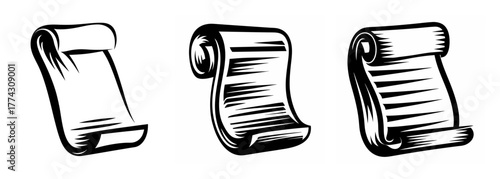 Three vintage scroll icons with text representing historical documents ancient manuscripts and rolled papers for design