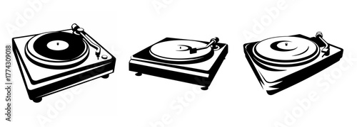 Vintage record player trio artistic sketch style retro music audio playback device