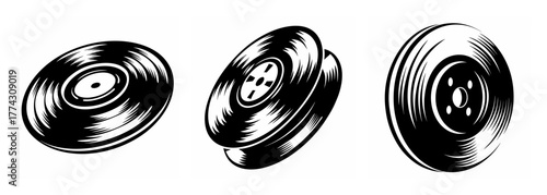 Three vintage vinyl records depicted in a sketch style showcasing their grooves and center labels in diverse angles.