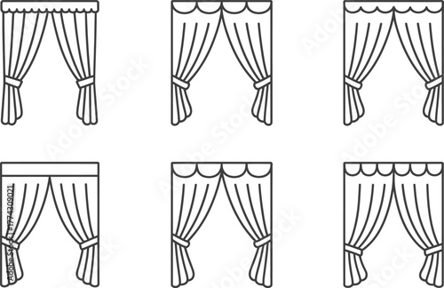 Collection of Six Different Curtain Styles in Line Art