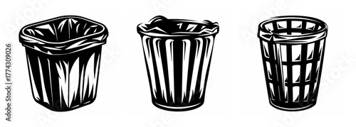 Three empty trash cans illustrated in black and white simple line art style