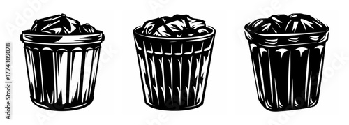 Three black and white recycle bins filled with trash illustration graphic elements