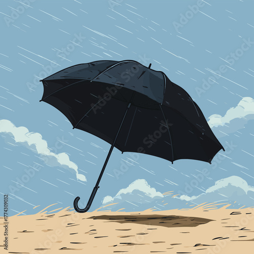 Black Umbrella Caught in a Strong Wind, Cartoon Illustration.   , vector style simple color