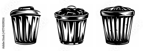 Three hand drawn trash cans showing fullness and waste management icons for recycling and disposal concepts