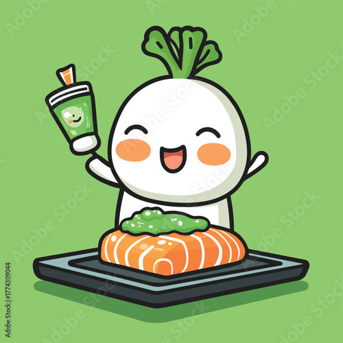 A happy daikon radish character is squeezing green paste from a tube onto a piece of salmon.   , vector style simple color
