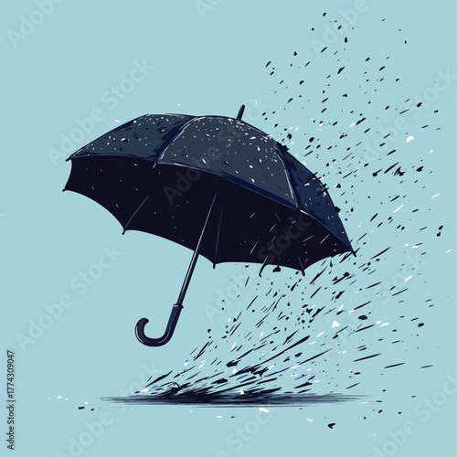 Black Umbrella Caught in a Strong Wind, Cartoon Illustration.   , vector style simple color