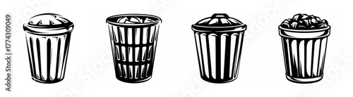 Four stylized striped trash cans with lids and contents visible some full empty recyclables waste disposal