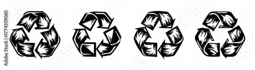Four sketchy recycle symbols representing environmental responsibility and sustainable practices