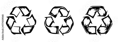 Three stylized black and white recycling symbols arranged horizontally conveying environmental awareness and sustainability.