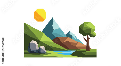 A vivid low poly geometric landscape illustration featuring majestic mountains, a serene river, a lush tree, and a bright sun.