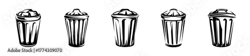 Collection of five hand-drawn style trash cans emphasizing recycling and waste management concepts