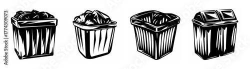 Four sketched recycling bins with different top designs show environmental waste disposal options