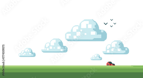 A charming pixel art landscape depicts fluffy white clouds, a small red house on rolling green fields, and birds in a vast, open sky.