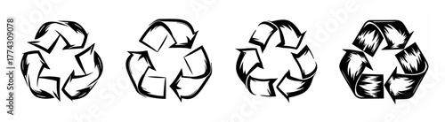 Four hand drawn recycling symbols showing sustainable eco friendly processes and environmental awareness