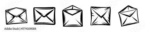Collection of five hand-drawn envelopes in various orientations showing mail communication concepts