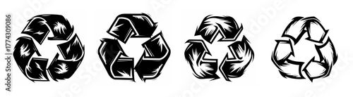 Four distinct black and white recycling symbols arranged in a horizontal line promoting environmental awareness and sustainability efforts.
