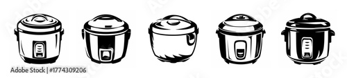 Collection of five distinct rice cooker drawings showing variety in design for kitchen appliance cooking needs