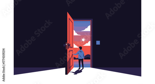 A person opens a door from a dark room to a vibrant, sunlit landscape, symbolizing new opportunities and a hopeful future.