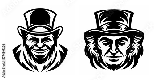 Two menacing ringmaster portraits with top hats rendered in bold black and white graphic style