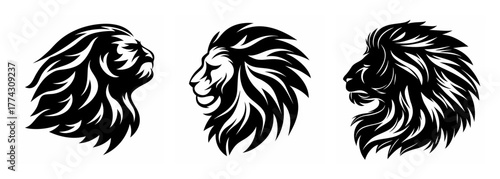 Majestic lion head profiles three angles black and white tribal style artistic design concept
