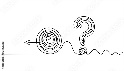 Black line drawing of a question mark and a tangled spiral with an arrow on a white background line art