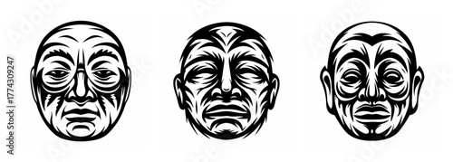 Ancient tribal masks three detailed faces expressing seriousness and emotion in stark contrast
