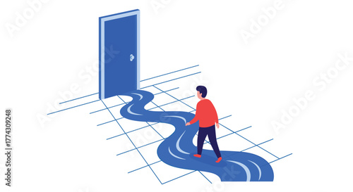 Man follows a winding blue path, resembling a river, that flows out from a door, symbolizing a journey or new opportunity.