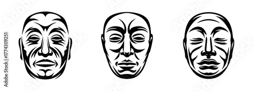 Three ancient ritualistic masks with closed eyes and expressive faces drawn in a detailed monochromatic style