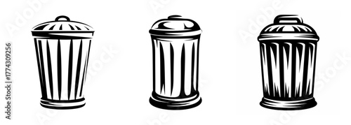 Three vintage trash cans with lids in a row classic design collection high contrast black and white imagery