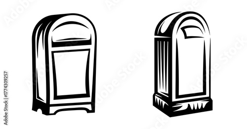 Two classic mailboxes with arched tops and contrasting panel designs shown in a stylized black and white graphic.