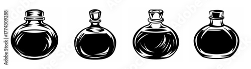 Four vintage potion bottles filled with dark liquid in a simple row evoking magic and mystery