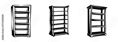 Three sketch drawings of wooden potion shelves in a line perfect for fantasy game assets