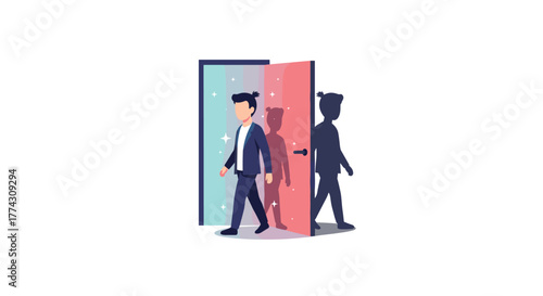 A man's silhouette transforms into a vibrant, confident self as he steps through an ethereal doorway, representing personal change.