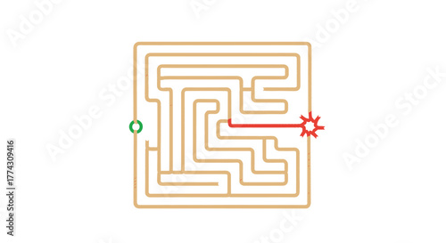 A solved square maze puzzle with a green starting point and a red line clearly indicating the successful path to the red star finish.