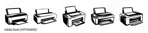 Five distinct line art style printer icons in a row illustrating different angles and perspectives of the device