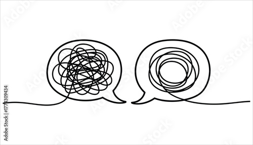 Two speech bubbles one with a chaotic scribble the other with a more organized tangle communication conversation